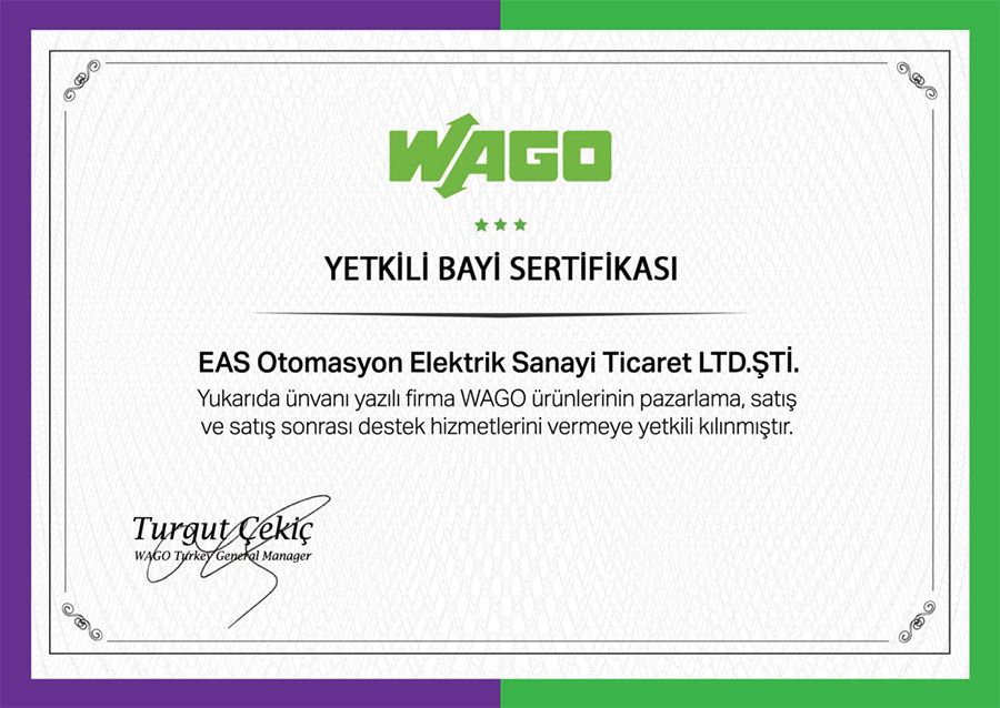 WAGO Yetkili Bayi Sertifikası - EAS Otomasyon